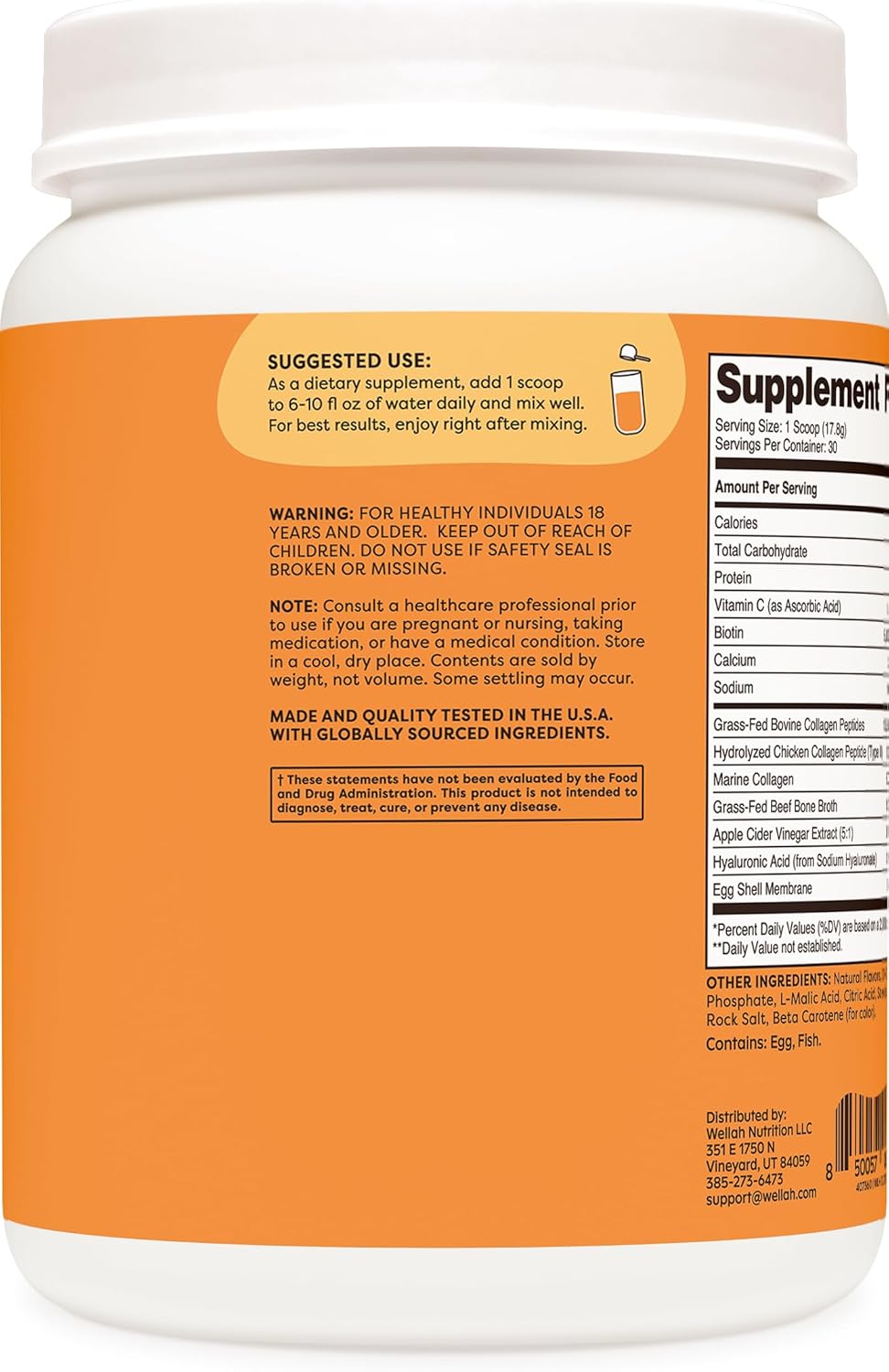 30 Servings Wellah Afterglow Multi Collagen Protein + Beauty Orange Mango - Hair, Skin, Nail & Joint Support - Non-GMO, Gluten Free