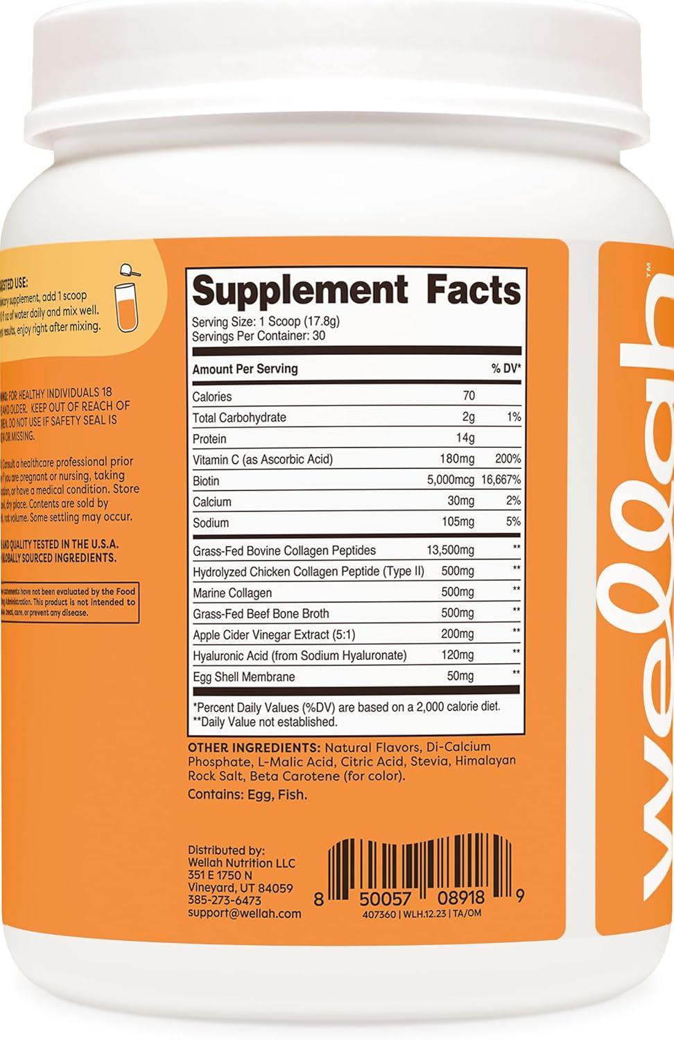 30 Servings Wellah Afterglow Multi Collagen Protein + Beauty Orange Mango - Hair, Skin, Nail & Joint Support - Non-GMO, Gluten Free