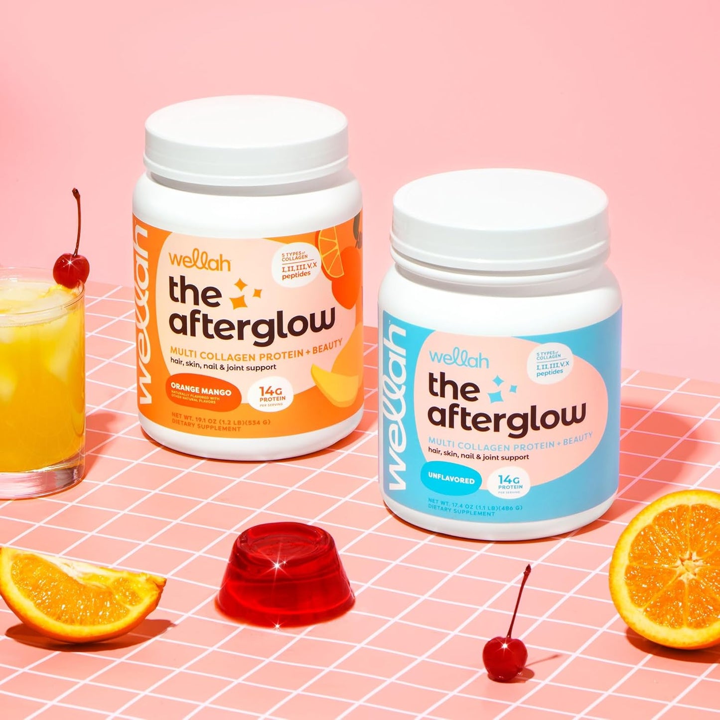 30 Servings Wellah Afterglow Multi Collagen Protein + Beauty Orange Mango - Hair, Skin, Nail & Joint Support - Non-GMO, Gluten Free