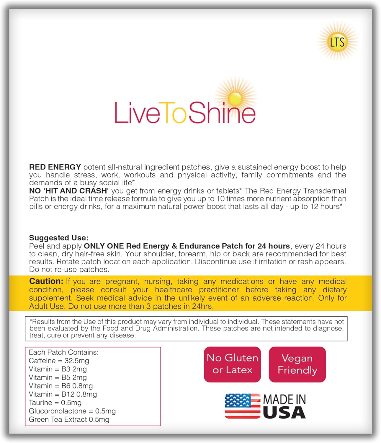 30 USA Made LLT Red Energy & Endurance Patches for Natural Energy Boost