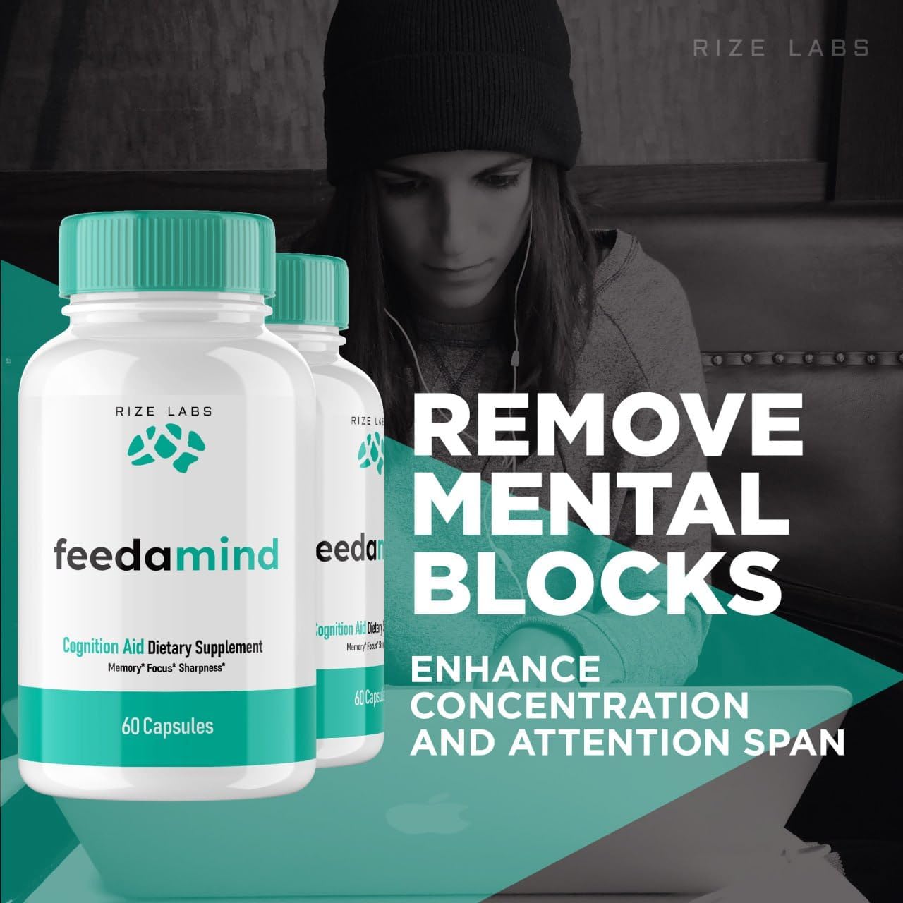 300 Capsules of Rize Labs Feedamind Cognitive Pills - Nootropic Brain Supplement for Memory, Clarity, and Focus