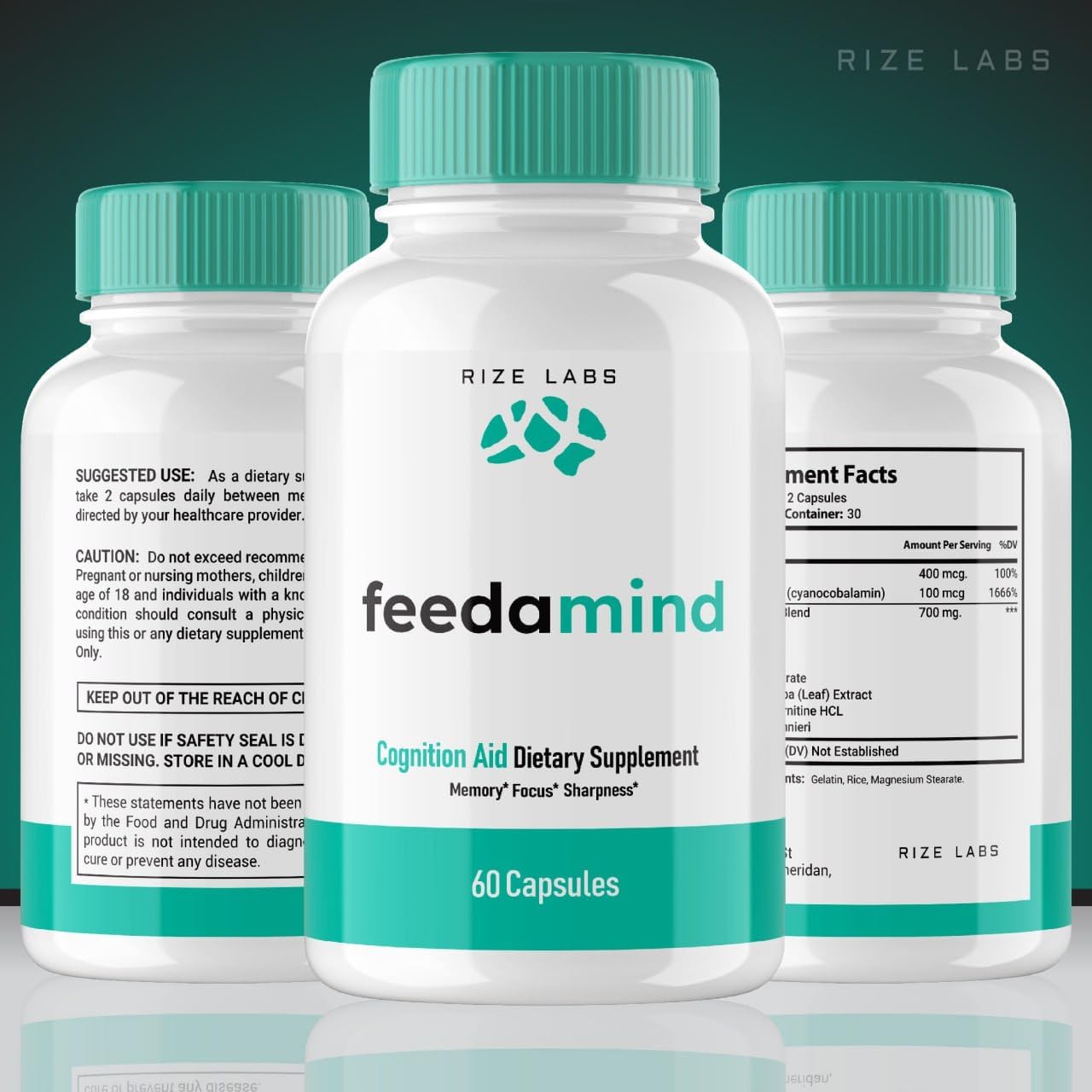300 Capsules of Rize Labs Feedamind Cognitive Pills - Nootropic Brain Supplement for Memory, Clarity, and Focus