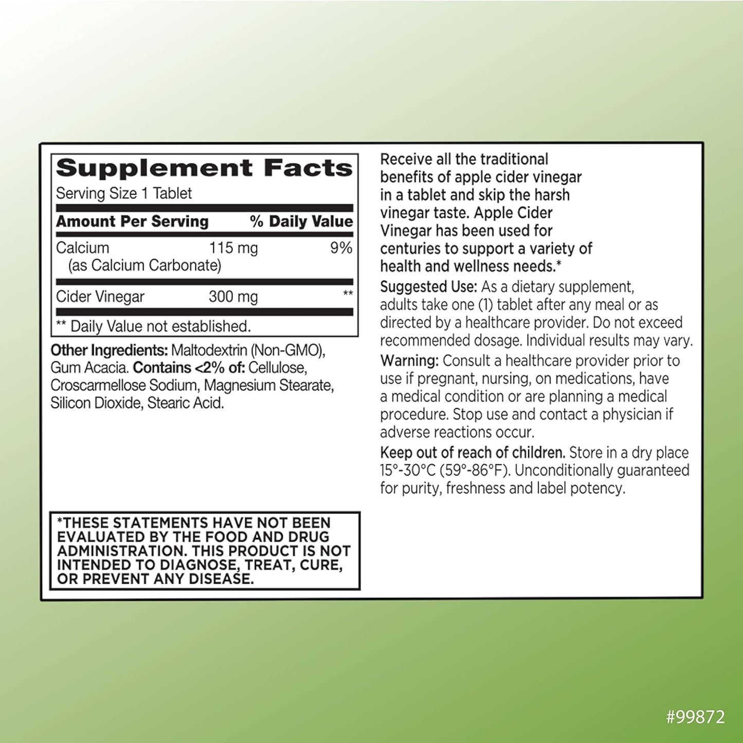 300 Count Bottle of Quality Choice Apple Cider Vinegar 300mg Tablets - Dietary Supplement for General Health and Wellness