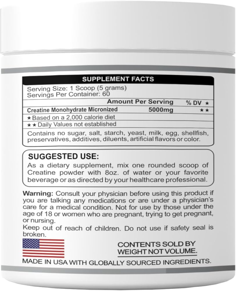 300g Micronized Creatine Monohydrate Powder - Unflavored, 60 Day Supply - 5g Creatine/Serving