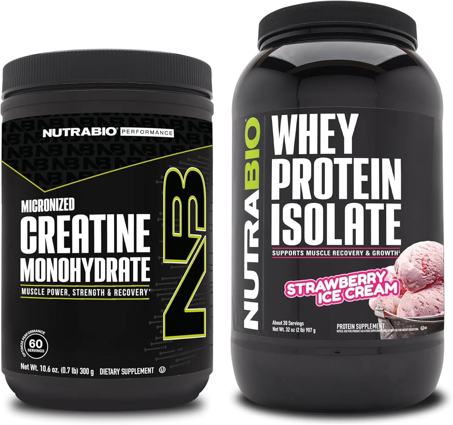 300g NutraBio Creatine Monohydrate & Strawberry Ice Cream Whey Protein Isolate Bundle - Muscle Energy, Lean Muscle Growth, Recovery, Strength