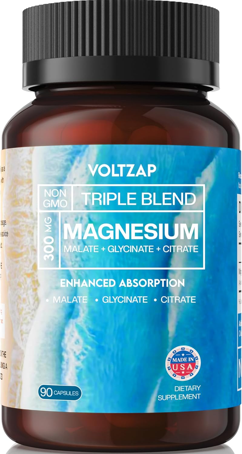 300mg Magnesium Capsules - Triple Complex Magnesium Supplement for Energy & Nerves - 90 Count Magnesium Glycinate, Citrate, & Malate Formula by VOLTZAP