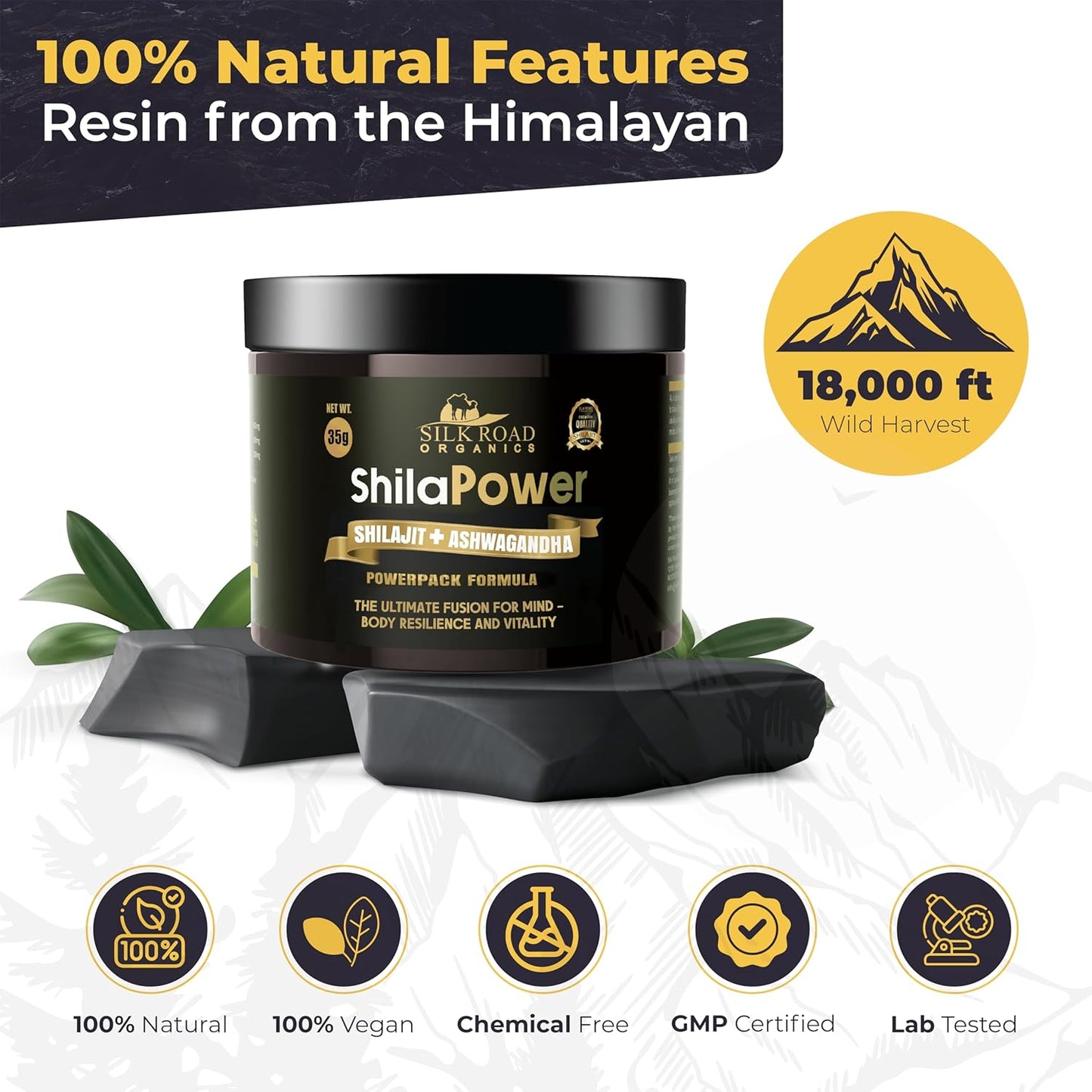35g SILK ROAD ORGANICS ShilaPower Shilajit Resin - Pure Himalayan Shilajit with Ashwagandha & 85+ Trace Minerals for Energy & Stamina