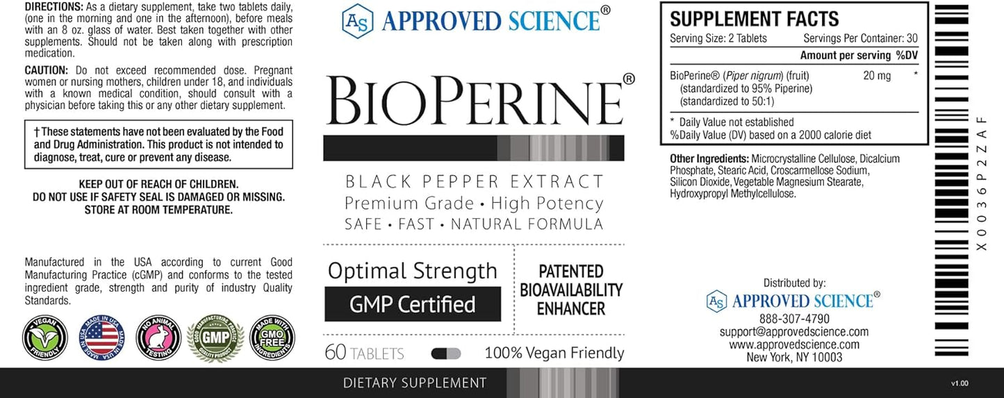 360 Approved Science BioPerine Black Pepper Extract Tablets for Enhanced Bioavailability, Vegan, Made in USA