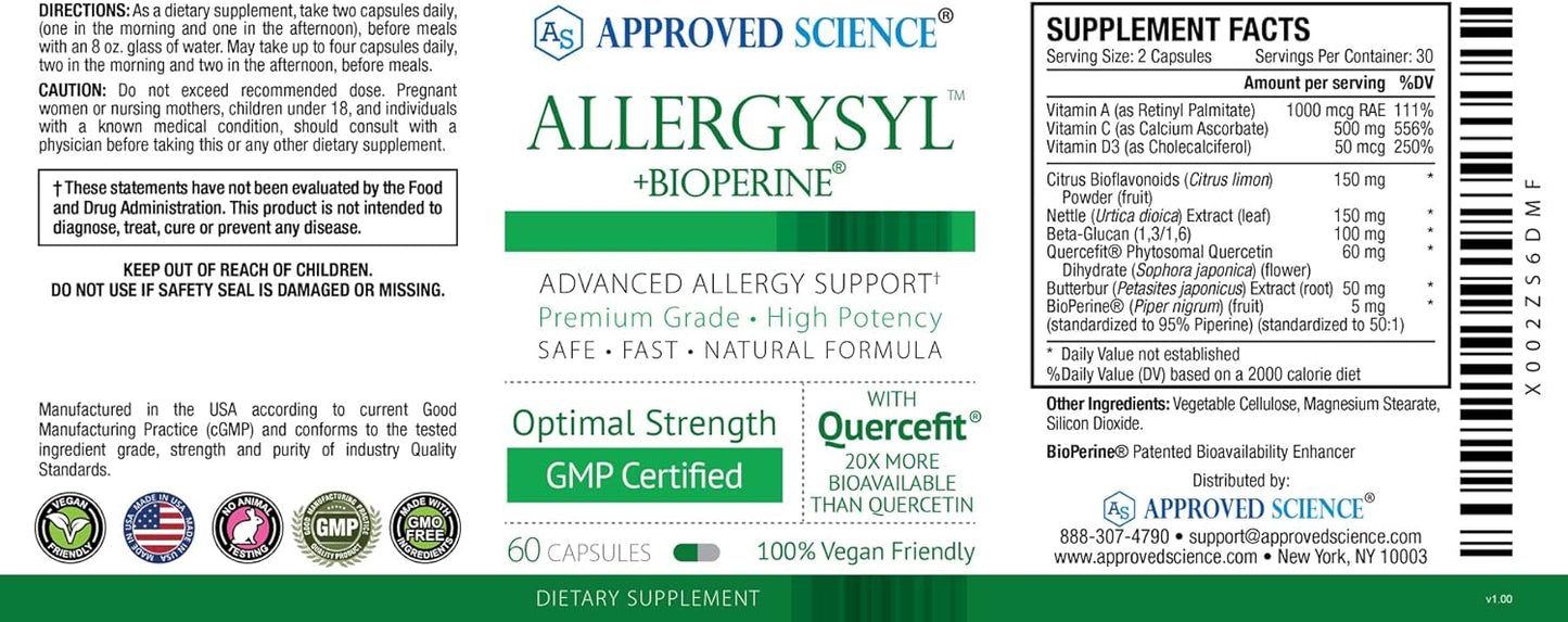 360 Capsules of Approved Science Allergysyl for Seasonal Allergy Relief, Immune Support, Antioxidant-Rich, Vegan Formula - Made in USA