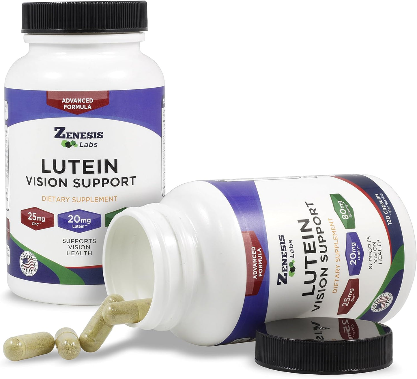 360 Capsules of Zenesis Labs Lutein Vision Support with Bilberry, Beta-Carotene, Zinc, Grapeseed - Eye Vitamin Supplement - 180 Day Supply