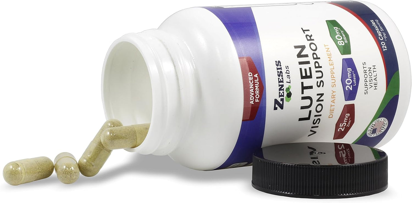 360 Capsules of Zenesis Labs Lutein Vision Support with Bilberry, Beta-Carotene, Zinc, Grapeseed - Eye Vitamin Supplement - 180 Day Supply