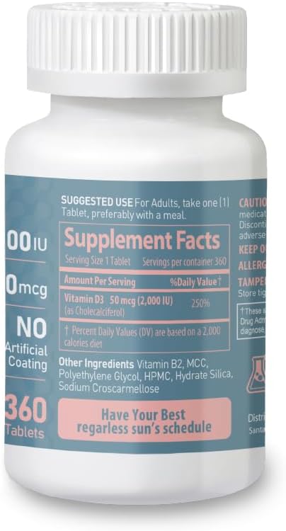 360 Mini Tablets of NATURION Vitamin D3 2000iu (50 mcg) for Immune Support, Muscle Function, and Bone Health - Non-GMO, Gluten Free with Vitamin B2 - 1-Year Supply