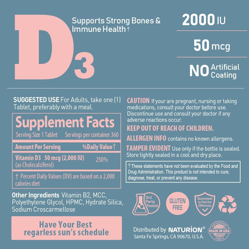 360 Mini Tablets of NATURION Vitamin D3 2000iu (50 mcg) for Immune Support, Muscle Function, and Bone Health - Non-GMO, Gluten Free with Vitamin B2 - 1-Year Supply