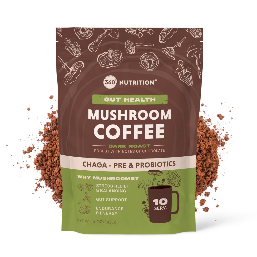 360 Nutrition Instant Mushroom Coffee with Chaga Superfood Mushroom, Prebiotics, Probiotics, Gut Health & Focus Support - Dark Roast, No Sugar Added 5 oz