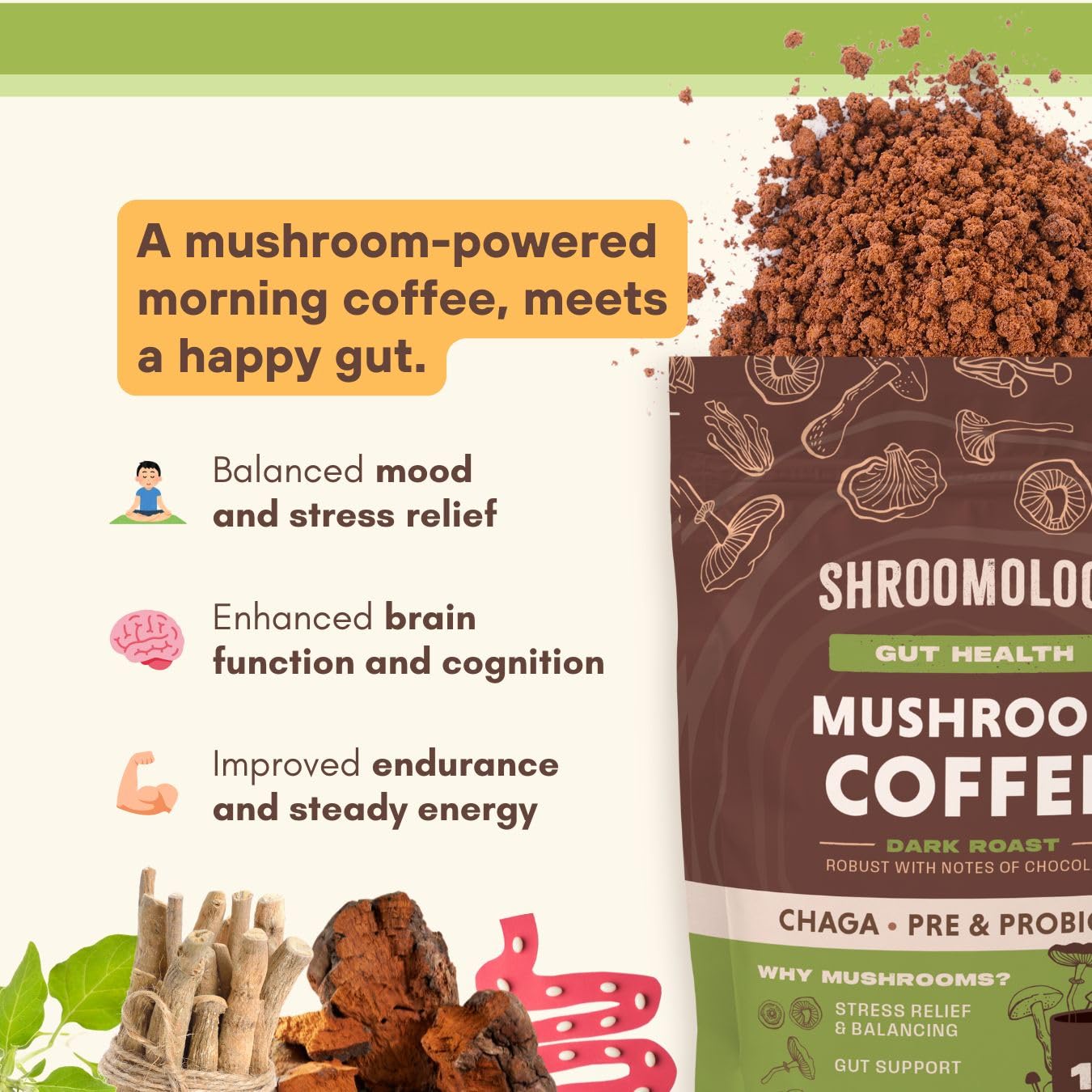 360 Nutrition Instant Mushroom Coffee with Chaga Superfood Mushroom, Prebiotics, Probiotics, Gut Health & Focus Support - Dark Roast, No Sugar Added 5 oz