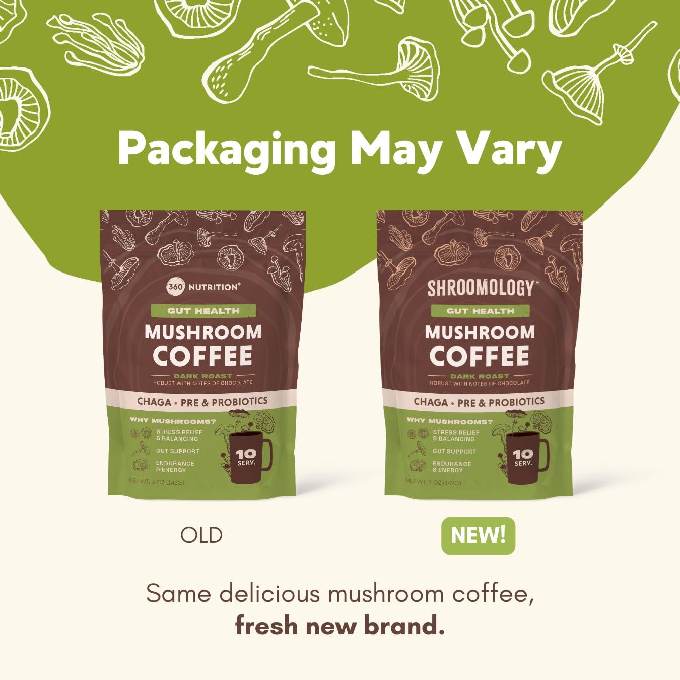 360 Nutrition Instant Mushroom Coffee with Chaga Superfood Mushroom, Prebiotics, Probiotics, Gut Health & Focus Support - Dark Roast, No Sugar Added 5 oz