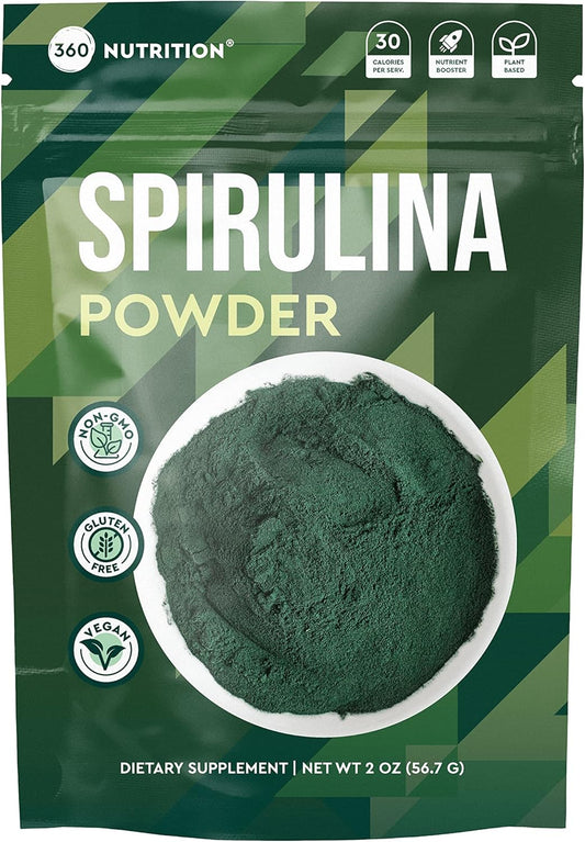 360 Nutrition Spirulina Powder with Vitamin A, B Vitamins, Iron, Protein & Amino Acids - Vegan, Non GMO - 6g Plant Based Protein for Energy, Digestive Health, Immune Support - 2 oz