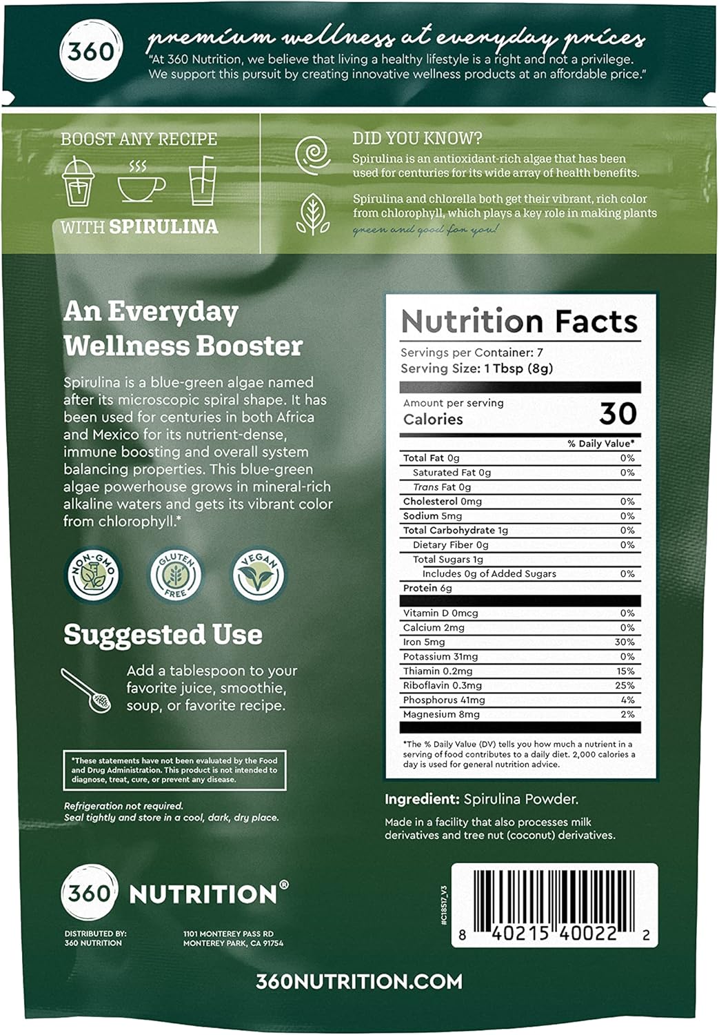 360 Nutrition Spirulina Powder with Vitamin A, B Vitamins, Iron, Protein & Amino Acids - Vegan, Non GMO - 6g Plant Based Protein for Energy, Digestive Health, Immune Support - 2 oz