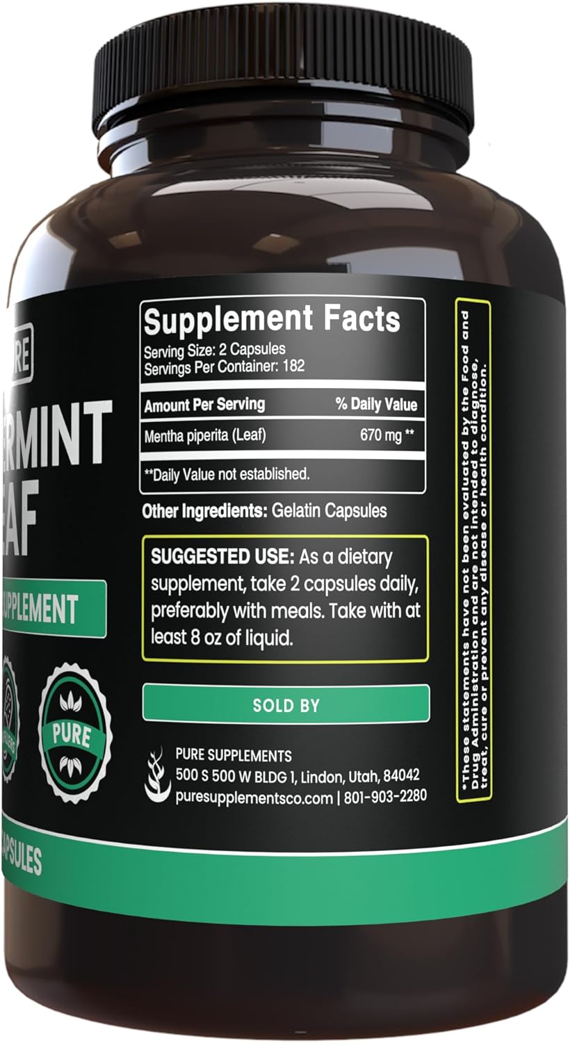 365 Capsules of Pure Peppermint Leaf - No Magnesium or Rice Fillers - Lab Verified Quality