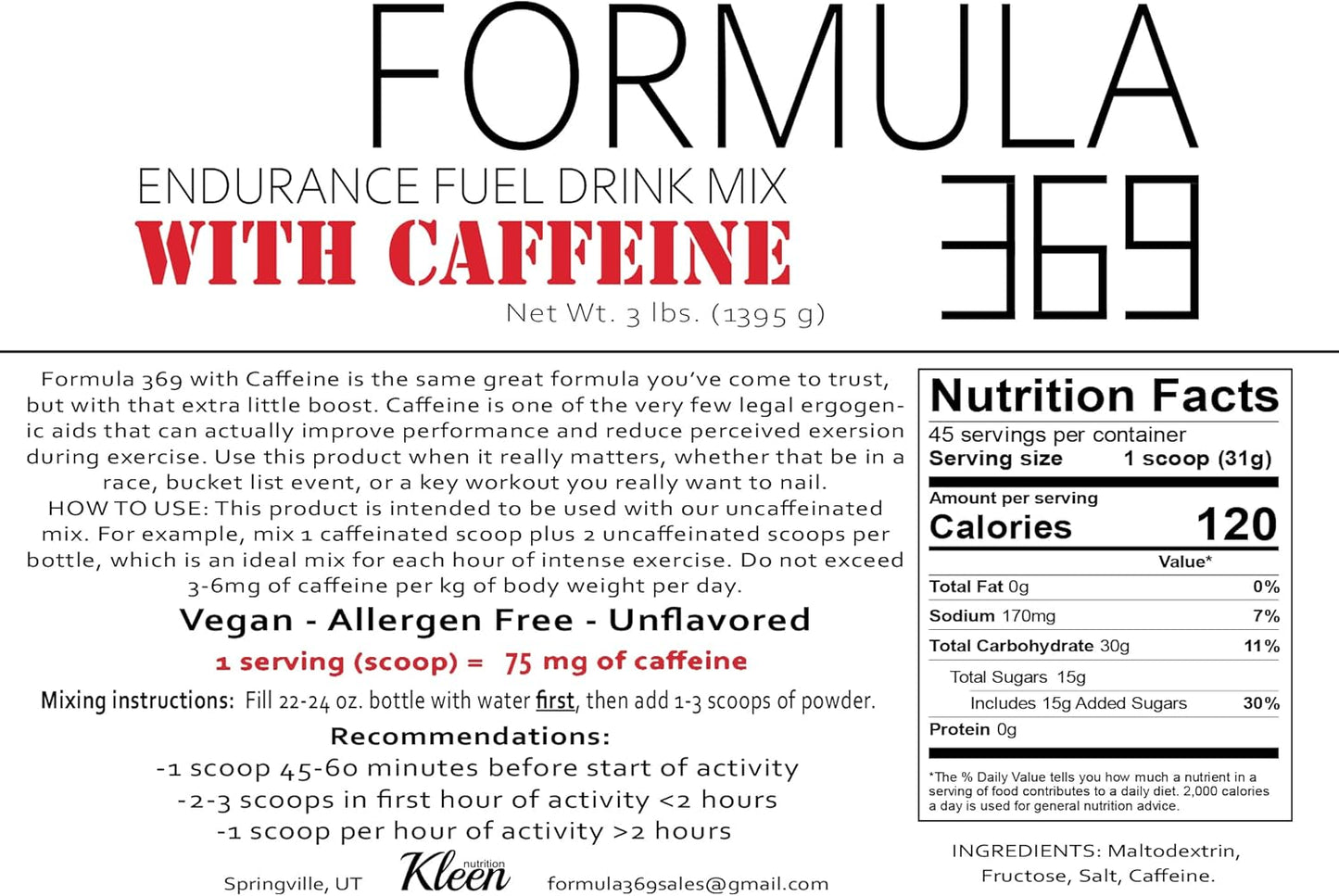 3lb Bag Generic Formula 369 Endurance Fuel Drink Mix - 45 Servings, 30g Carbs, 75mg Caffeine - Vegan, Gluten Free