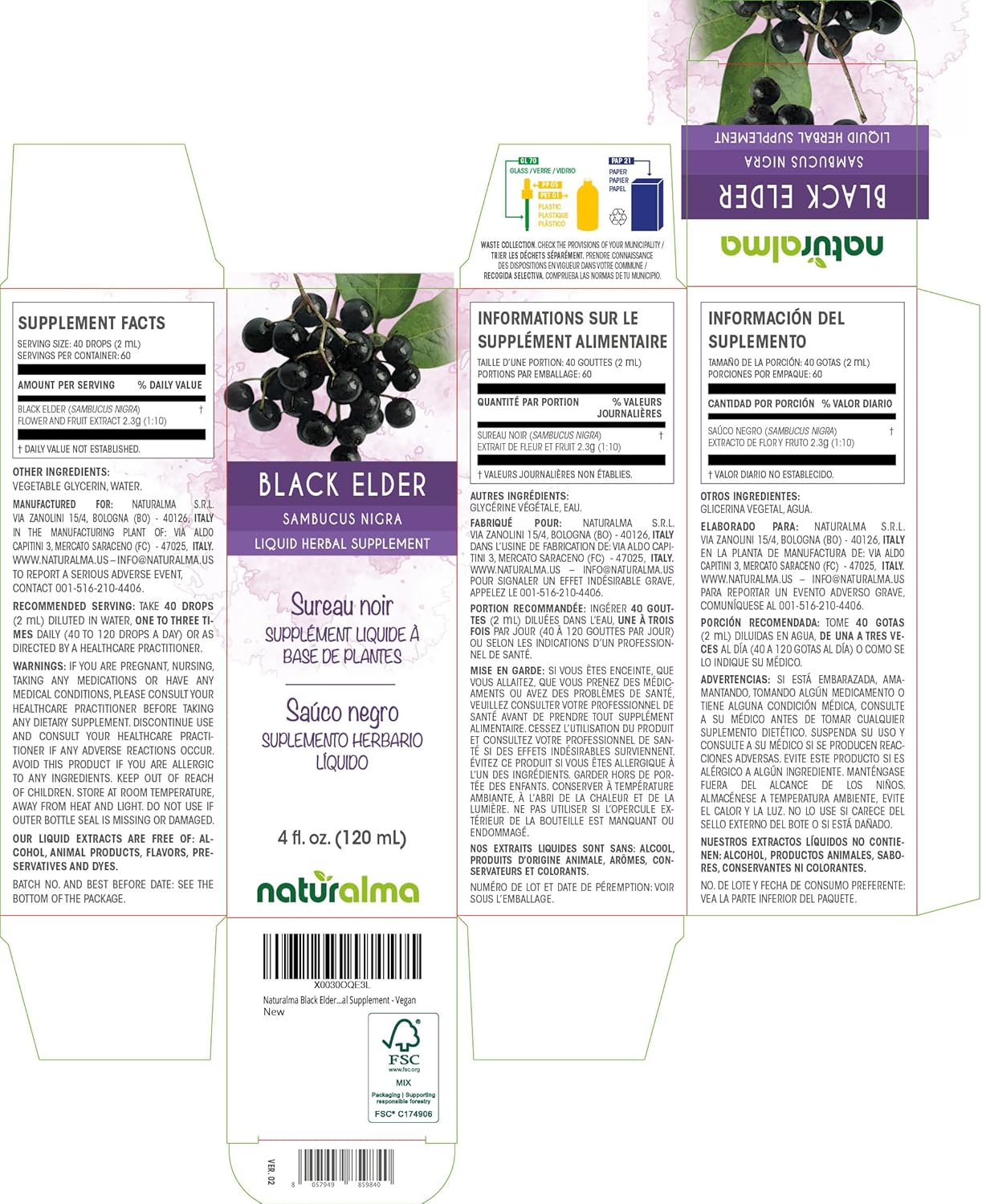 4 fl oz Black Elderflower & Elderberry Alcohol-Free Tincture - Liquid Extract Drops - Herbal Supplement - Vegan Friendly