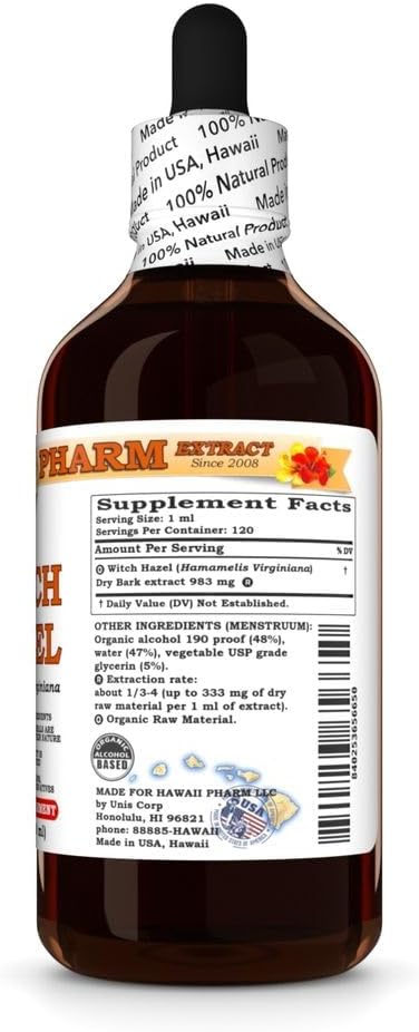 4 fl.oz Hawaii Pharm Witch Hazel Extract Tincture for Clear Skin, Soothes Irritation, Relieves Sore Throat - Scalp Comfort & Skin Protection
