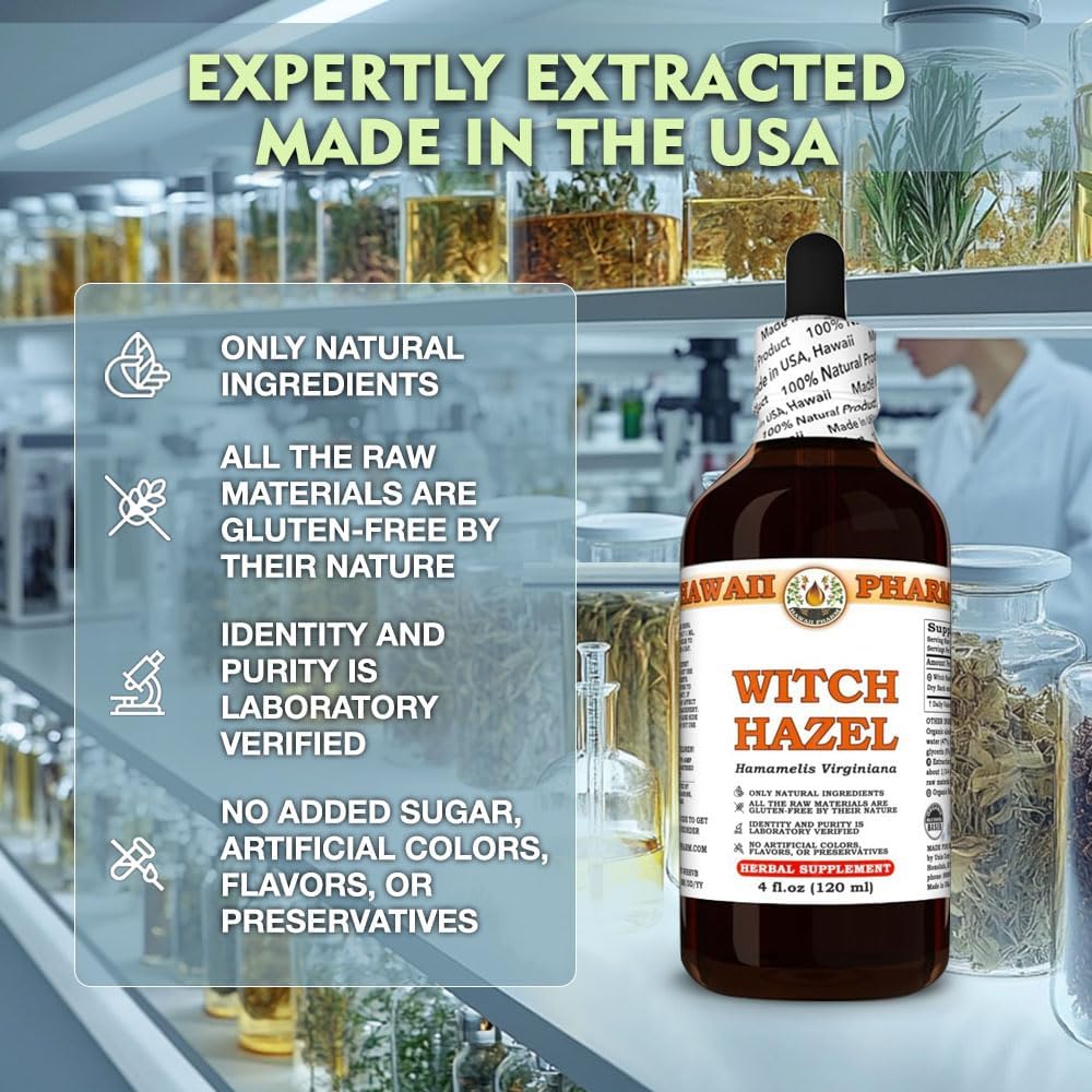 4 fl.oz Hawaii Pharm Witch Hazel Extract Tincture for Clear Skin, Soothes Irritation, Relieves Sore Throat - Scalp Comfort & Skin Protection