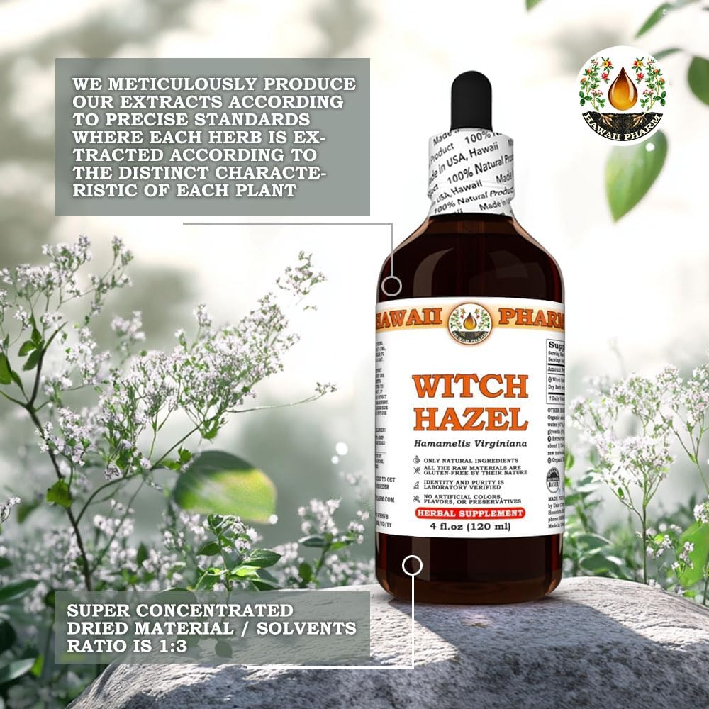 4 fl.oz Hawaii Pharm Witch Hazel Extract Tincture for Clear Skin, Soothes Irritation, Relieves Sore Throat - Scalp Comfort & Skin Protection