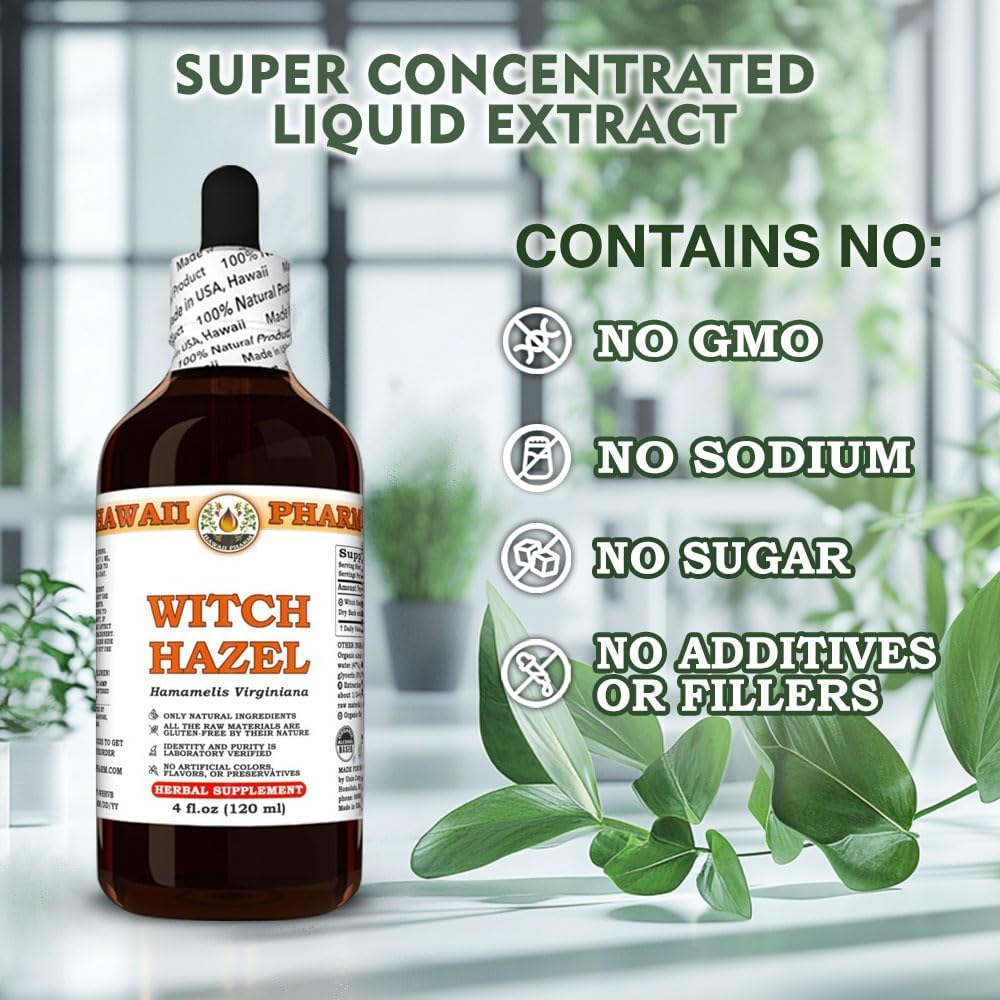 4 fl.oz Hawaii Pharm Witch Hazel Extract Tincture for Clear Skin, Soothes Irritation, Relieves Sore Throat - Scalp Comfort & Skin Protection