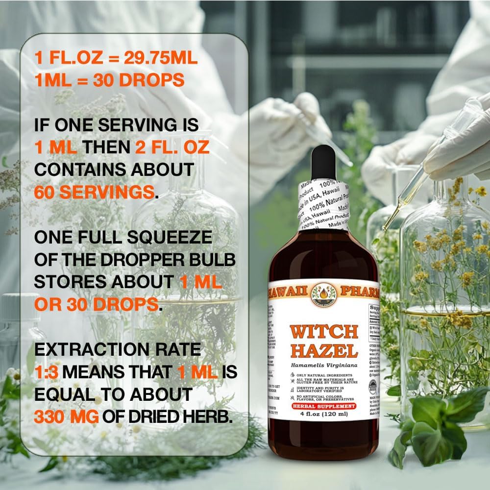 4 fl.oz Hawaii Pharm Witch Hazel Extract Tincture for Clear Skin, Soothes Irritation, Relieves Sore Throat - Scalp Comfort & Skin Protection