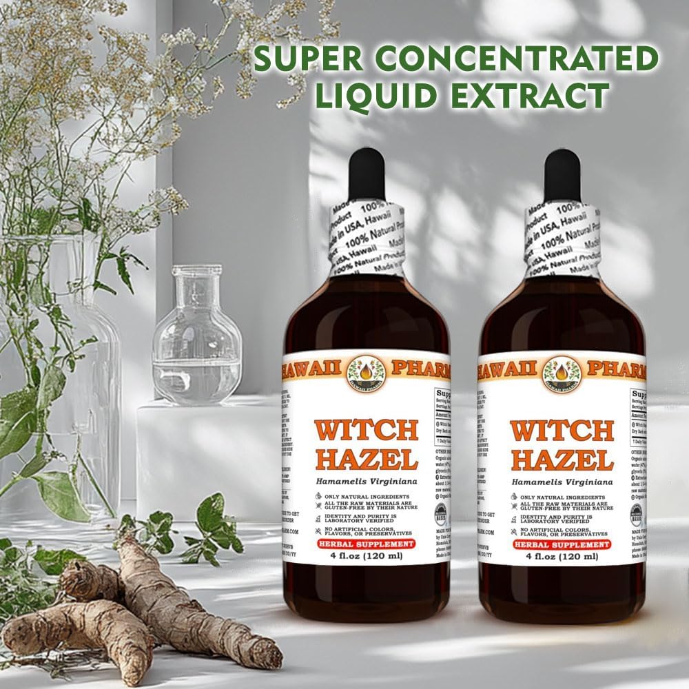 4 fl.oz Hawaii Pharm Witch Hazel Extract Tincture for Clear Skin, Soothes Irritation, Relieves Sore Throat - Scalp Comfort & Skin Protection