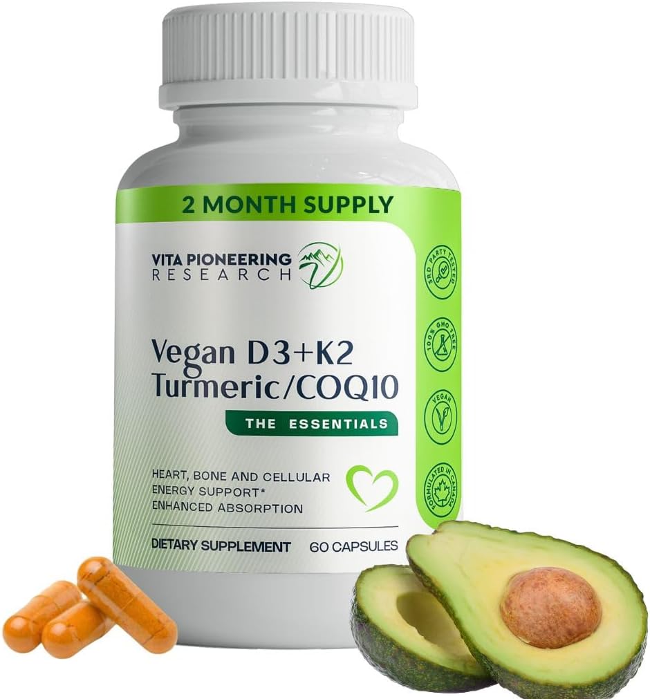 4-in-1 Plant-Based Vegan Vitamin D3 2000IU + K2Vital Vitamin K2 with Turmeric, COQ10, and Avocado Powder - Supports Heart, Bone, and Cellular Health