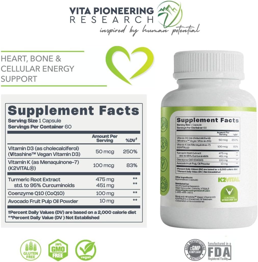 4-in-1 Plant-Based Vegan Vitamin D3 2000IU + K2Vital Vitamin K2 with Turmeric, COQ10, and Avocado Powder - Supports Heart, Bone, and Cellular Health