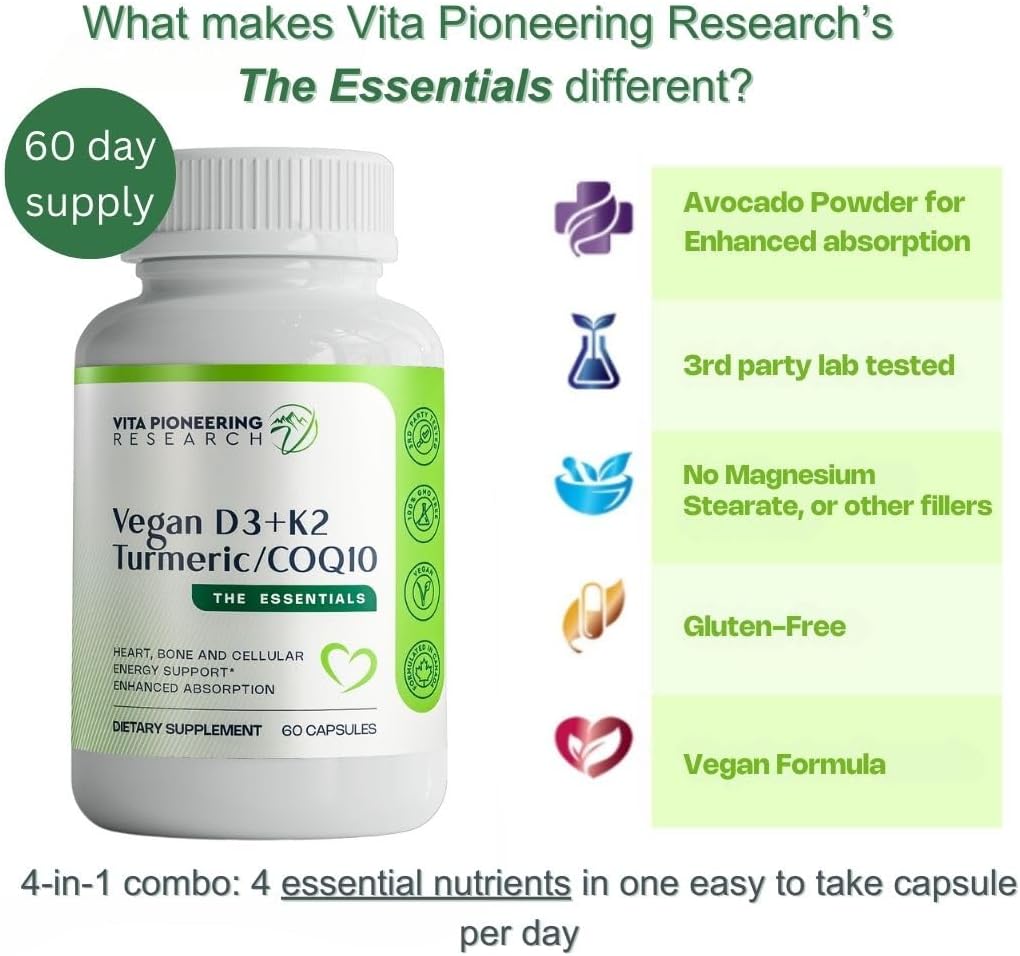 4-in-1 Plant-Based Vegan Vitamin D3 2000IU + K2Vital Vitamin K2 with Turmeric, COQ10, and Avocado Powder - Supports Heart, Bone, and Cellular Health