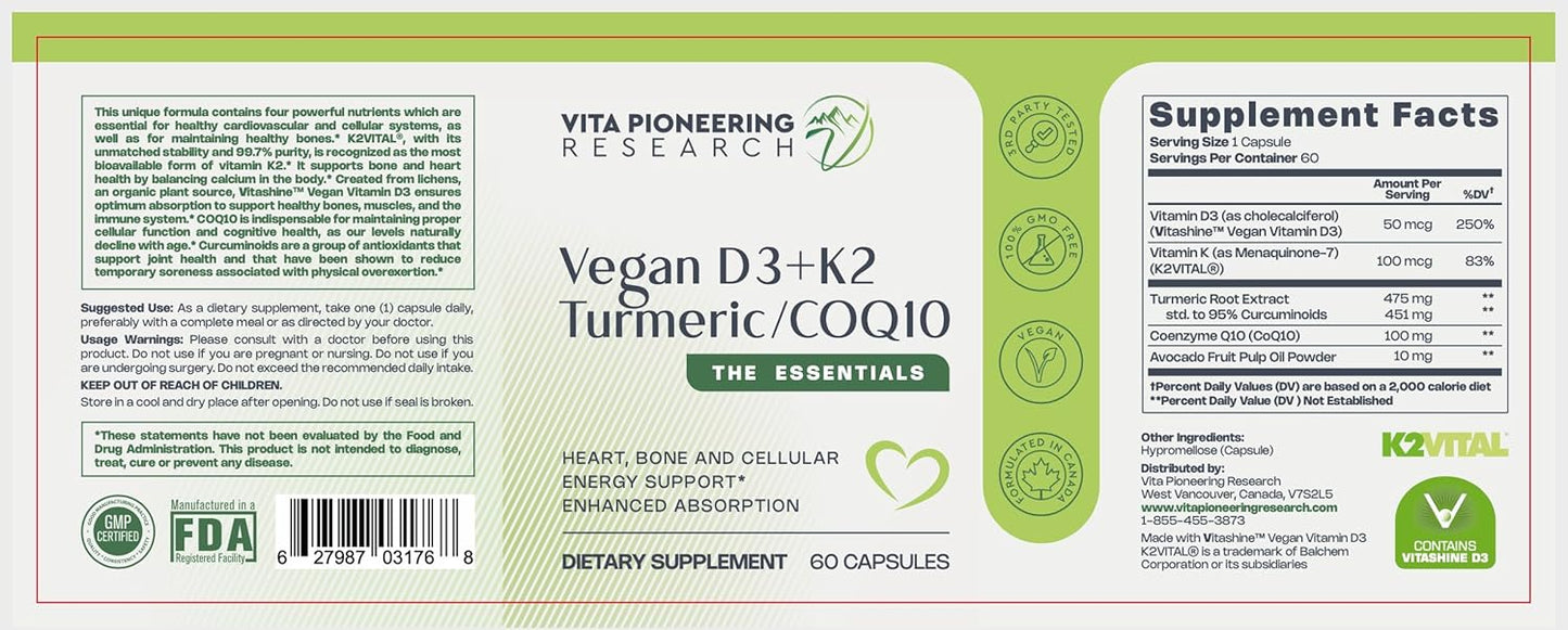 4-in-1 Plant-Based Vegan Vitamin D3 2000IU + K2Vital Vitamin K2 with Turmeric, COQ10, and Avocado Powder - Supports Heart, Bone, and Cellular Health