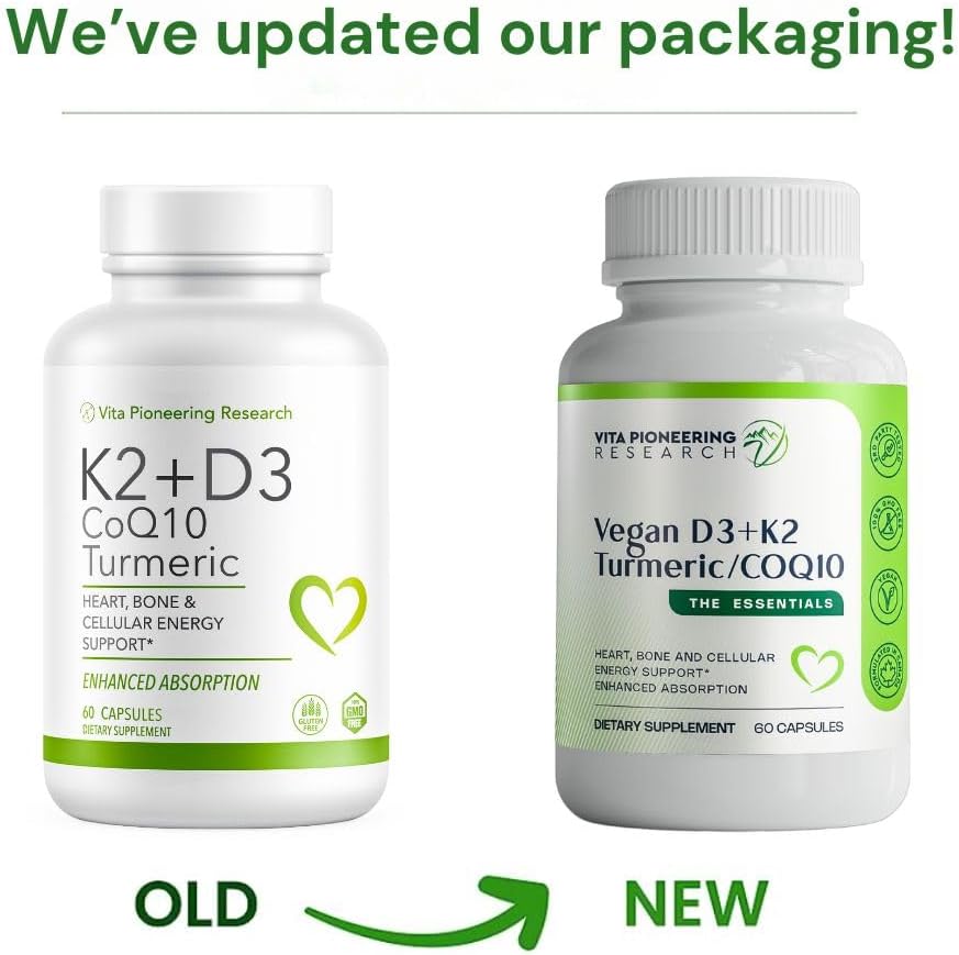 4-in-1 Plant-Based Vegan Vitamin D3 2000IU + K2Vital Vitamin K2 with Turmeric, COQ10, and Avocado Powder - Supports Heart, Bone, and Cellular Health