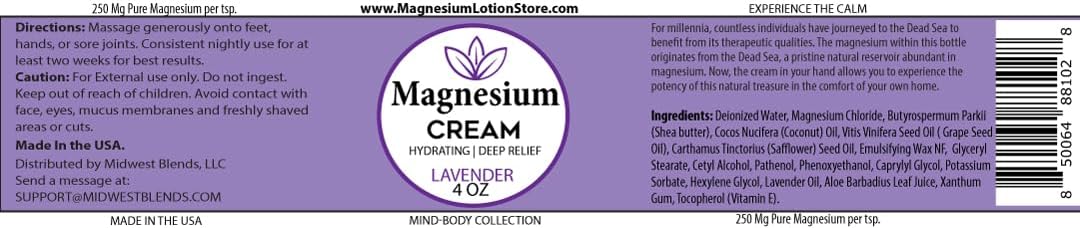 4 oz Lavender Magnesium Cream Lotion for Nighttime Use - Made in the USA