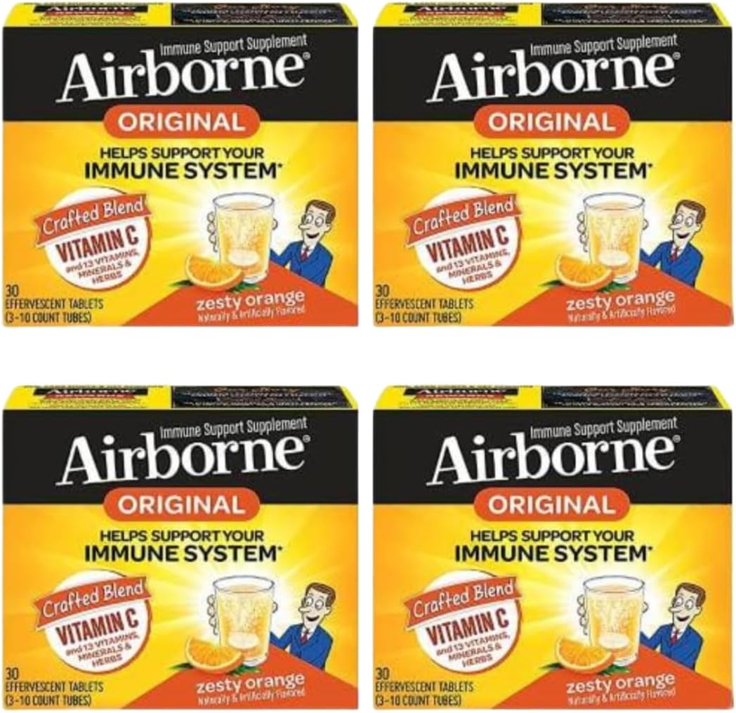 4-Pack Airborne 1000mg Vitamin C + Zinc Sugar-Free Fizzy Drink Tablets, Zesty Orange Flavor - Immune Support with Antioxidants - 30 Tablets