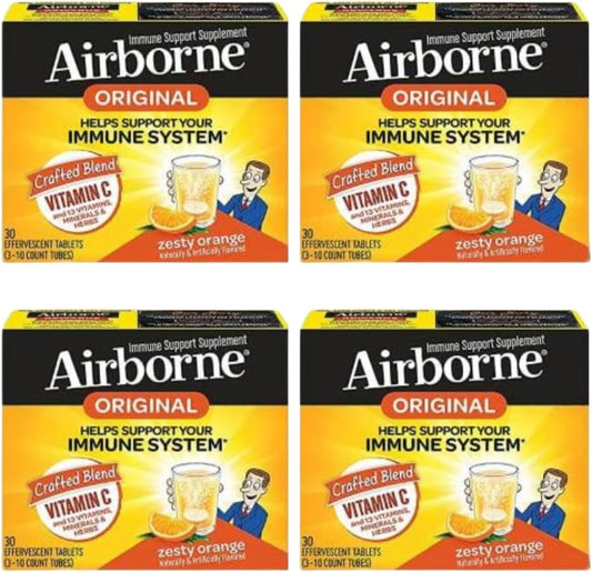 4-Pack Airborne 1000mg Vitamin C + Zinc Sugar-Free Fizzy Drink Tablets, Zesty Orange Flavor - Immune Support with Antioxidants - 30 Tablets