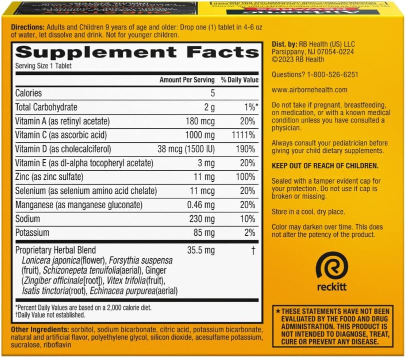 4-Pack Airborne 1000mg Vitamin C + Zinc Sugar-Free Fizzy Drink Tablets, Zesty Orange Flavor - Immune Support with Antioxidants - 30 Tablets