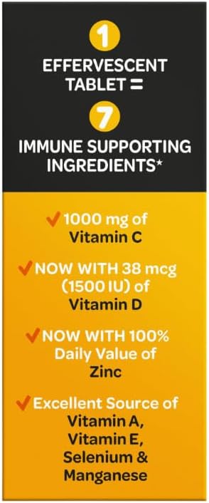 4-Pack Airborne 1000mg Vitamin C + Zinc Sugar-Free Fizzy Drink Tablets, Zesty Orange Flavor - Immune Support with Antioxidants - 30 Tablets