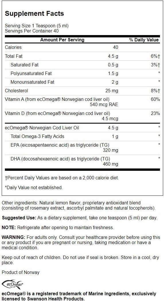 4 Pack of Swanson Pristine Norwegian Cod Liver Oil 7 fl oz Liquid