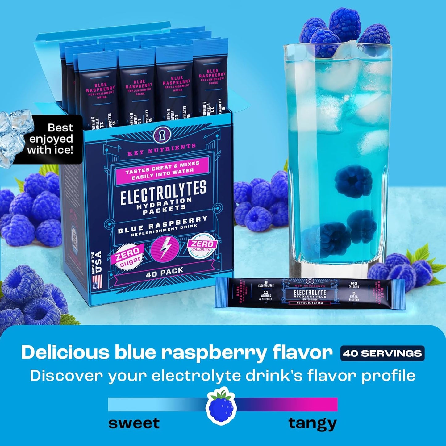 40 Pack Blue Raspberry Electrolyte Powder Packets for Hydration - Travel-Friendly, Sugar-Free, Gluten Free Electrolyte Powder - Made in USA