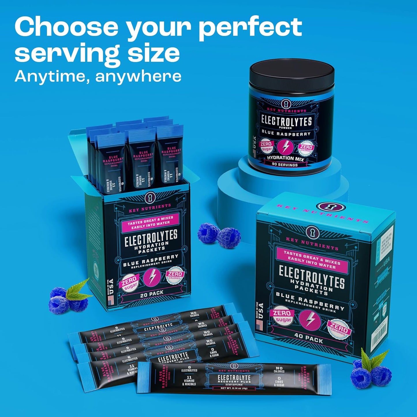 40 Pack Blue Raspberry Electrolyte Powder Packets for Hydration - Travel-Friendly, Sugar-Free, Gluten Free Electrolyte Powder - Made in USA