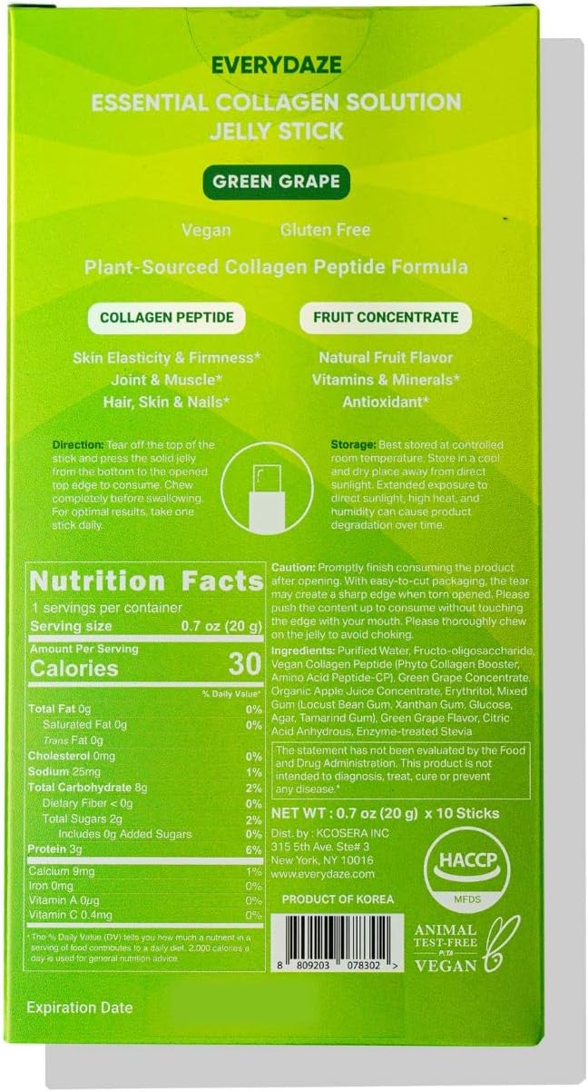 40 Pack of Vegan Collagen Peptide Jelly Sticks for Hair, Skin, and Bone Health - Green Grape Flavor
