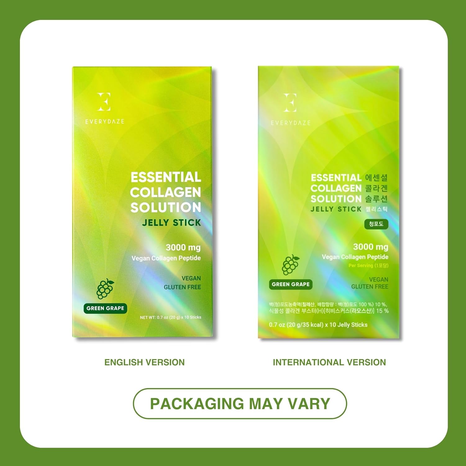 40 Pack of Vegan Collagen Peptide Jelly Sticks for Hair, Skin, and Bone Health - Green Grape Flavor