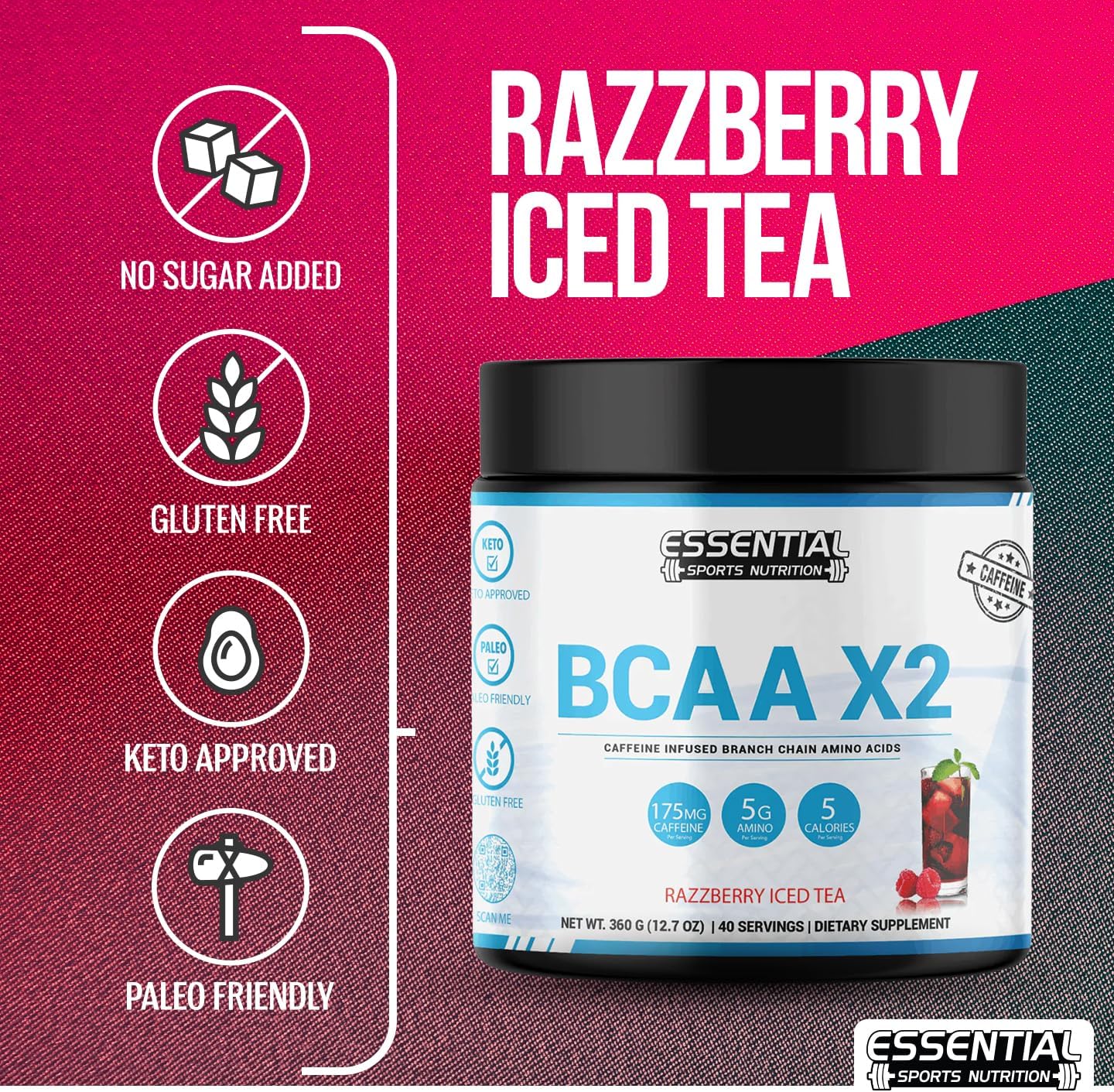 40 Serving BCAA Sports Nutrition Supplement with Caffeine - Keto Approved, Non-GMO & Gluten Free (Razzberry Iced Tea)