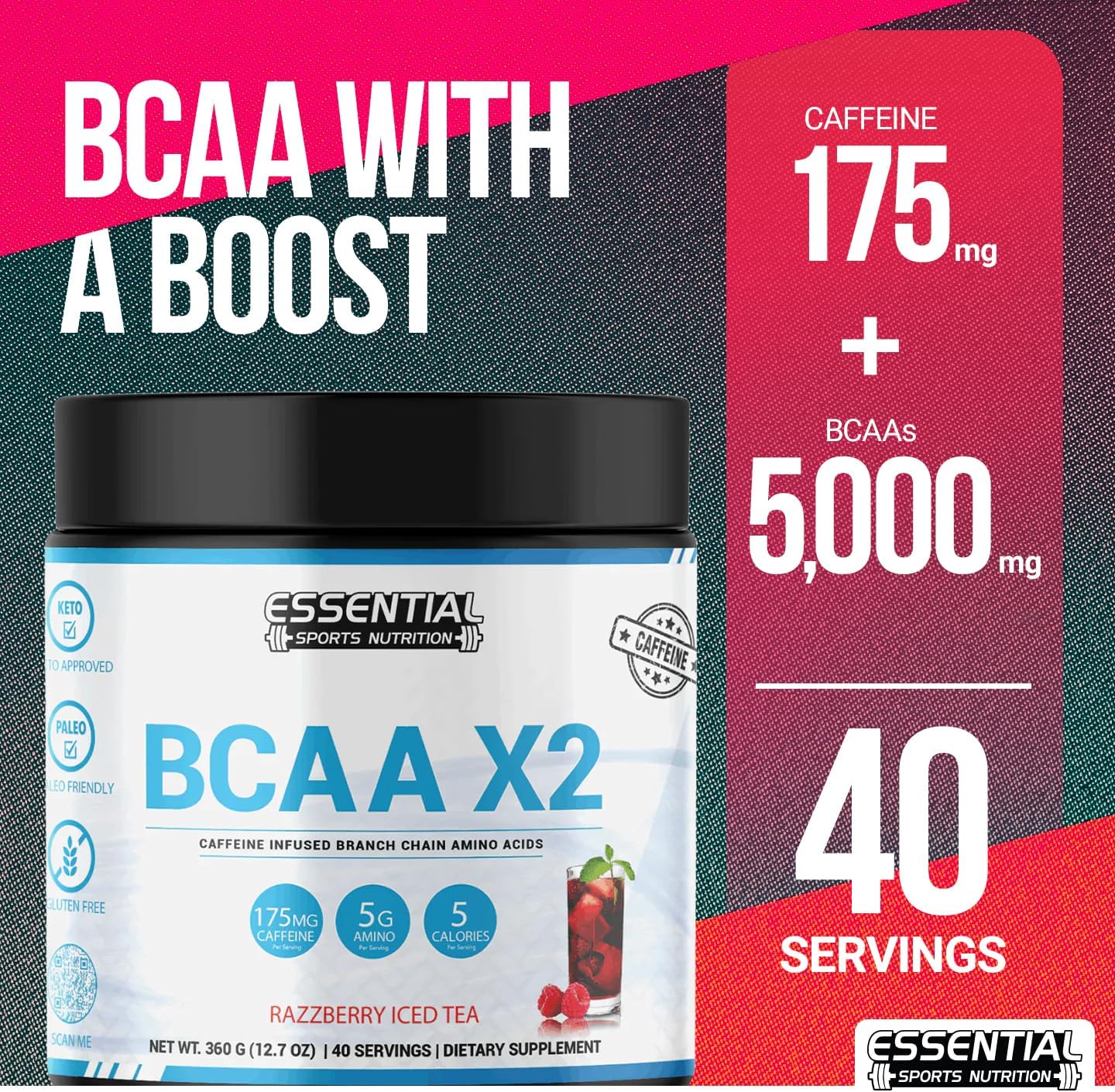 40 Serving BCAA Sports Nutrition Supplement with Caffeine - Keto Approved, Non-GMO & Gluten Free (Razzberry Iced Tea)
