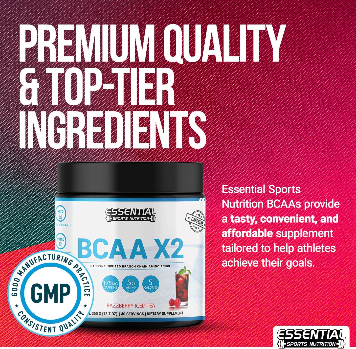 40 Serving BCAA Sports Nutrition Supplement with Caffeine - Keto Approved, Non-GMO & Gluten Free (Razzberry Iced Tea)