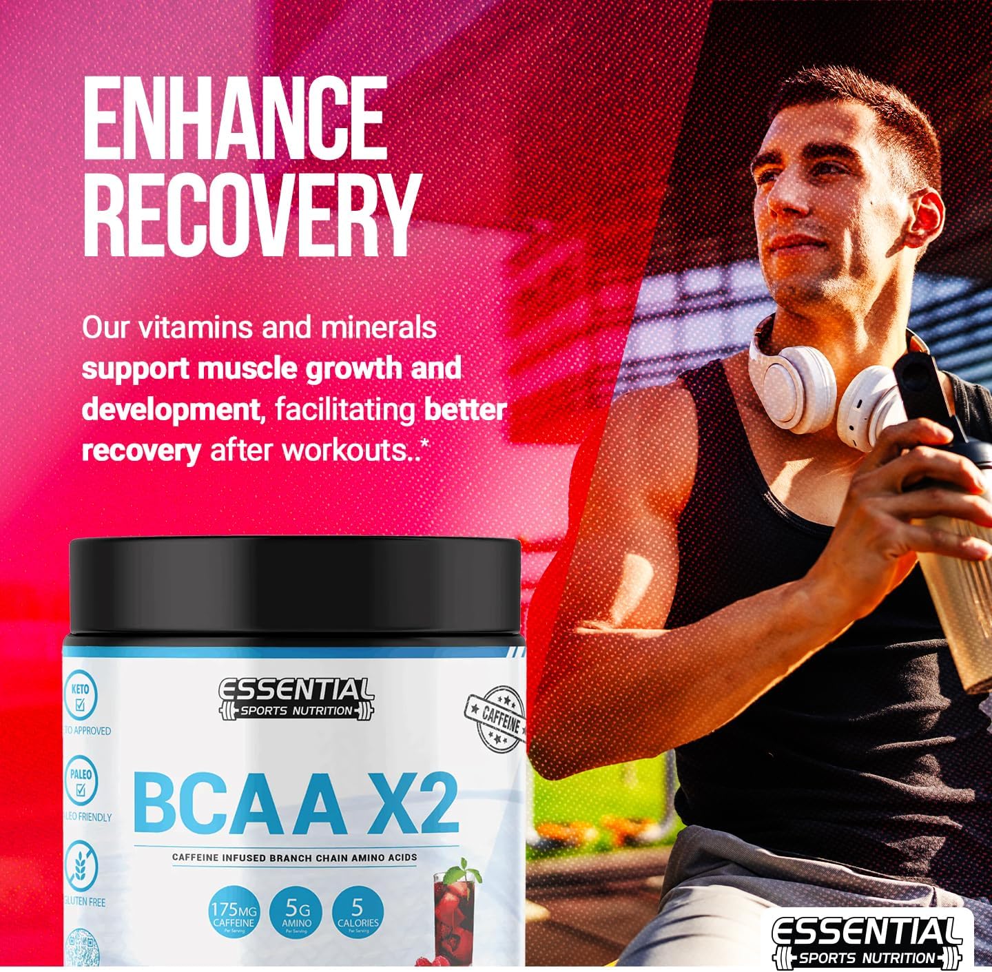 40 Serving BCAA Sports Nutrition Supplement with Caffeine - Keto Approved, Non-GMO & Gluten Free (Razzberry Iced Tea)